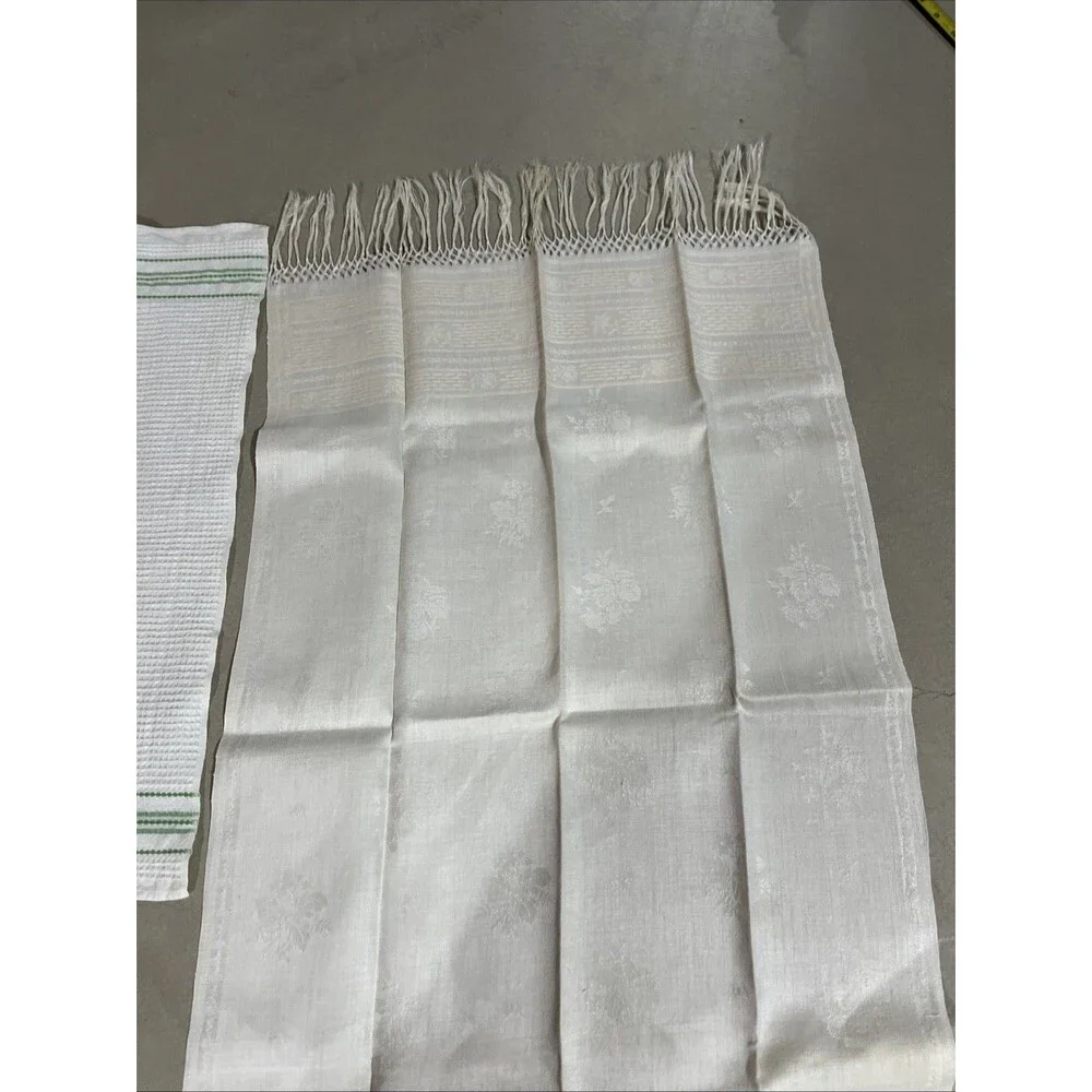 Vintage Linen Fringed Dresser Table Runner 40”x 21” And Cotton Dish Towel 24”x17